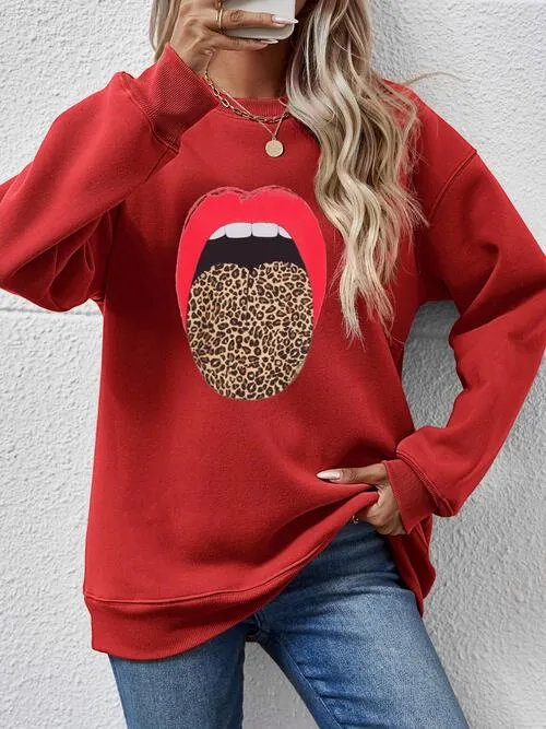 Leopard Lip Graphic Round Neck Sweatshirt (9 Colors)