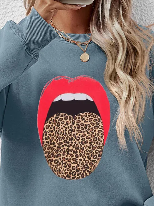Leopard Lip Graphic Round Neck Sweatshirt (9 Colors)