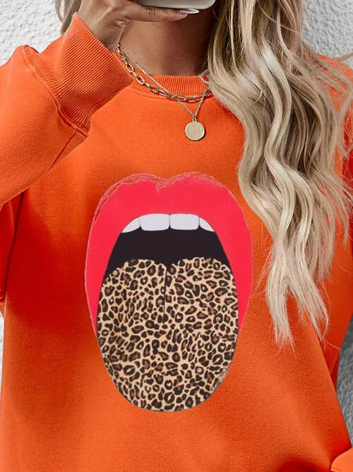 Leopard Lip Graphic Round Neck Sweatshirt (9 Colors)
