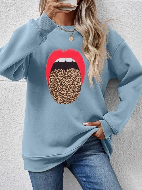 Leopard Lip Graphic Round Neck Sweatshirt (9 Colors)