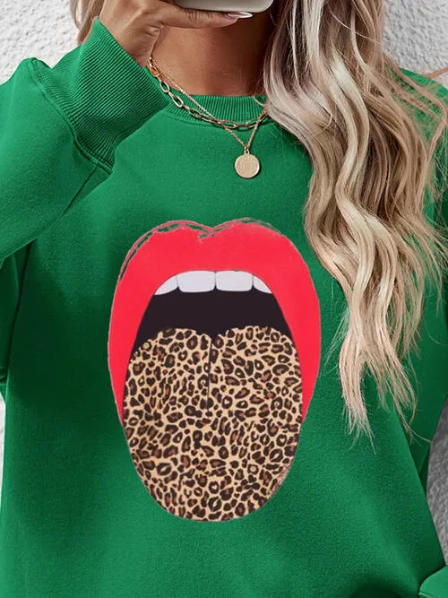 Leopard Lip Graphic Round Neck Sweatshirt (9 Colors)