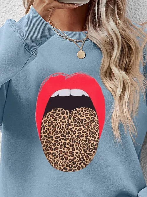 Leopard Lip Graphic Round Neck Sweatshirt (9 Colors)