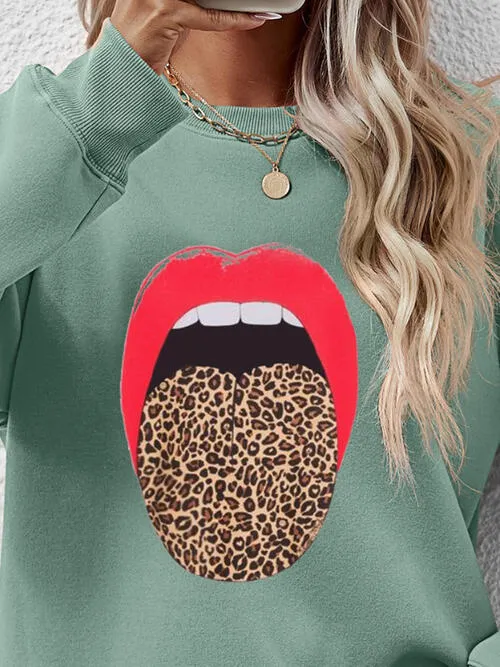 Leopard Lip Graphic Round Neck Sweatshirt (9 Colors)