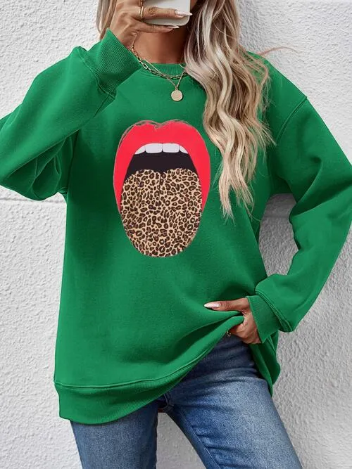 Leopard Lip Graphic Round Neck Sweatshirt (9 Colors)