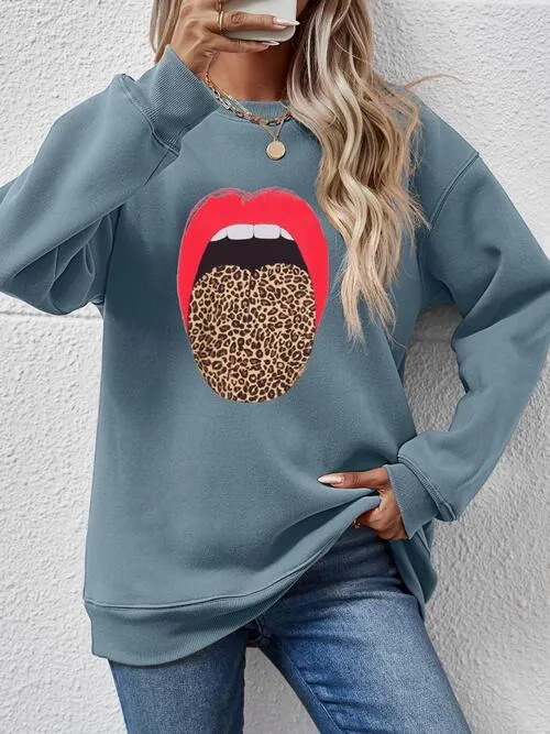 Leopard Lip Graphic Round Neck Sweatshirt (9 Colors)