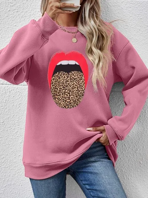 Leopard Lip Graphic Round Neck Sweatshirt (9 Colors)