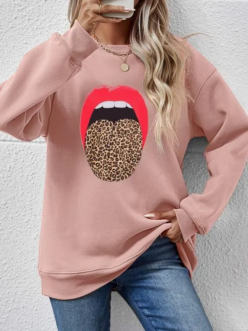 Leopard Lip Graphic Round Neck Sweatshirt (9 Colors)