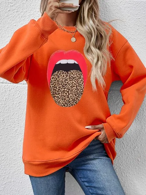 Leopard Lip Graphic Round Neck Sweatshirt (9 Colors)