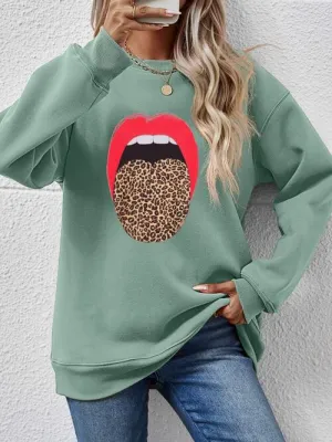 Leopard Lip Graphic Round Neck Sweatshirt (9 Colors)