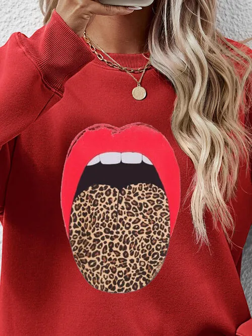 Leopard Lip Graphic Round Neck Sweatshirt (9 Colors)