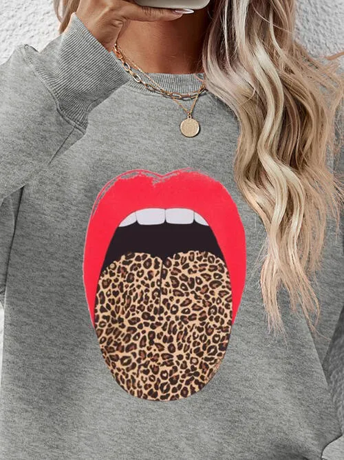 Leopard Lip Graphic Round Neck Sweatshirt (9 Colors)