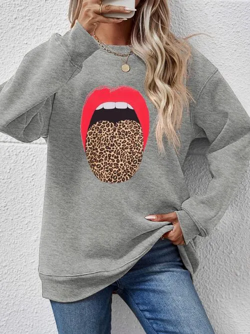 Leopard Lip Graphic Round Neck Sweatshirt (9 Colors)