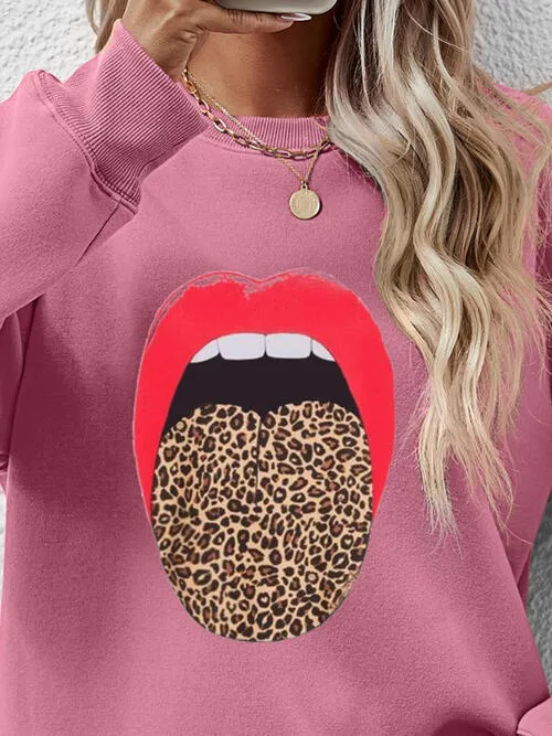 Leopard Lip Graphic Round Neck Sweatshirt (9 Colors)
