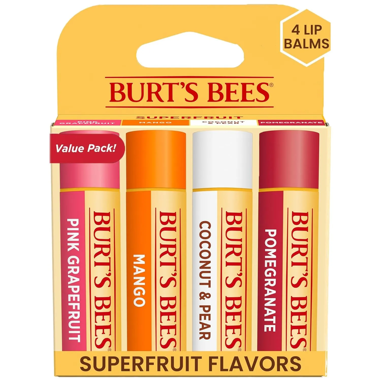 Lip Balm Valentines Day Gifts, Pink Grapefruit, Mango, Coconut and Pear, and Pomegranate Pack, Lip Moisturizer with Responsibly Sourced Beeswax, Tint-Free, Natural Conditioning Lip Treatment, 4 Tubes, 0.15 Oz.