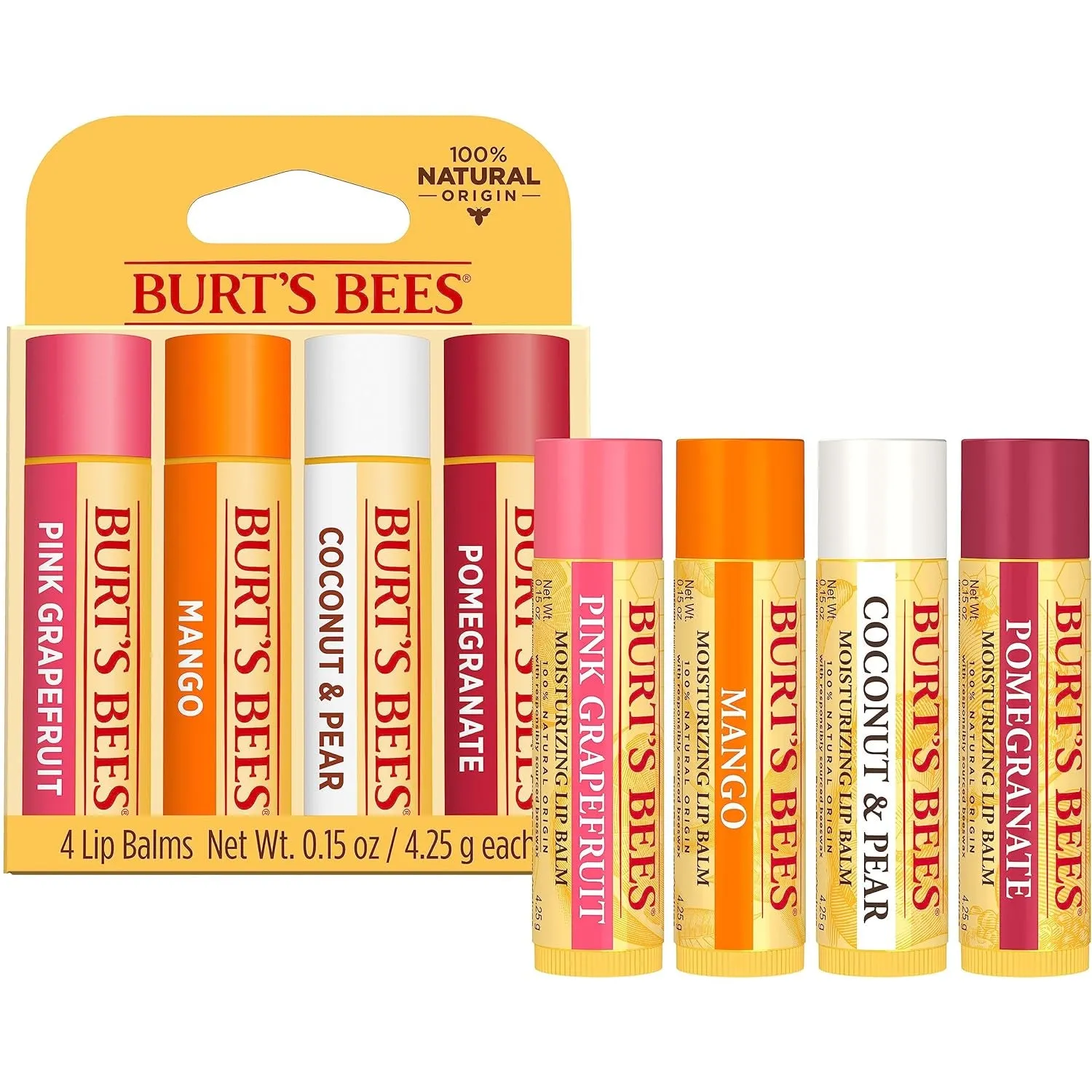 Lip Balm Valentines Day Gifts, Pink Grapefruit, Mango, Coconut and Pear, and Pomegranate Pack, Lip Moisturizer with Responsibly Sourced Beeswax, Tint-Free, Natural Conditioning Lip Treatment, 4 Tubes, 0.15 Oz.