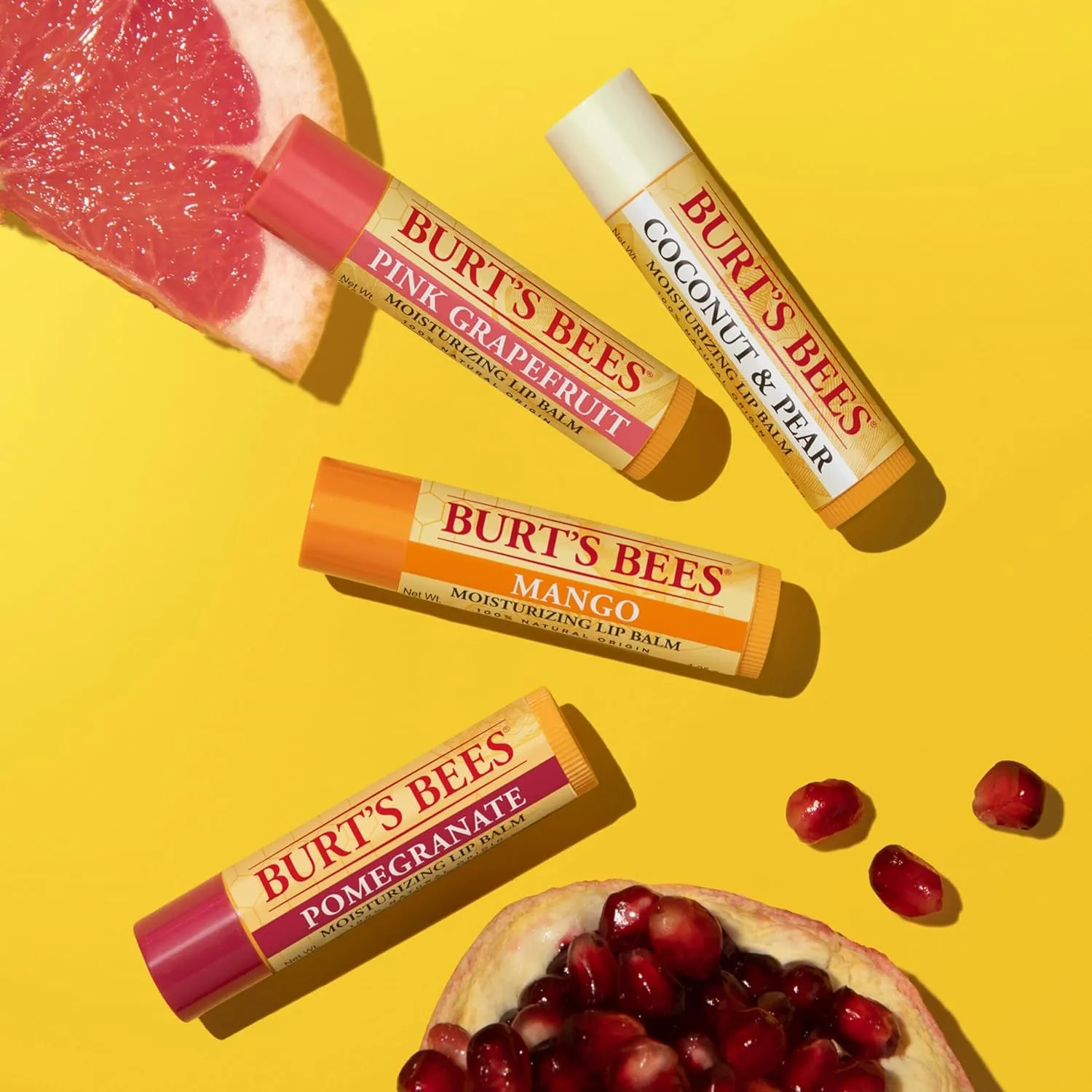 Lip Balm Valentines Day Gifts, Pink Grapefruit, Mango, Coconut and Pear, and Pomegranate Pack, Lip Moisturizer with Responsibly Sourced Beeswax, Tint-Free, Natural Conditioning Lip Treatment, 4 Tubes, 0.15 Oz.