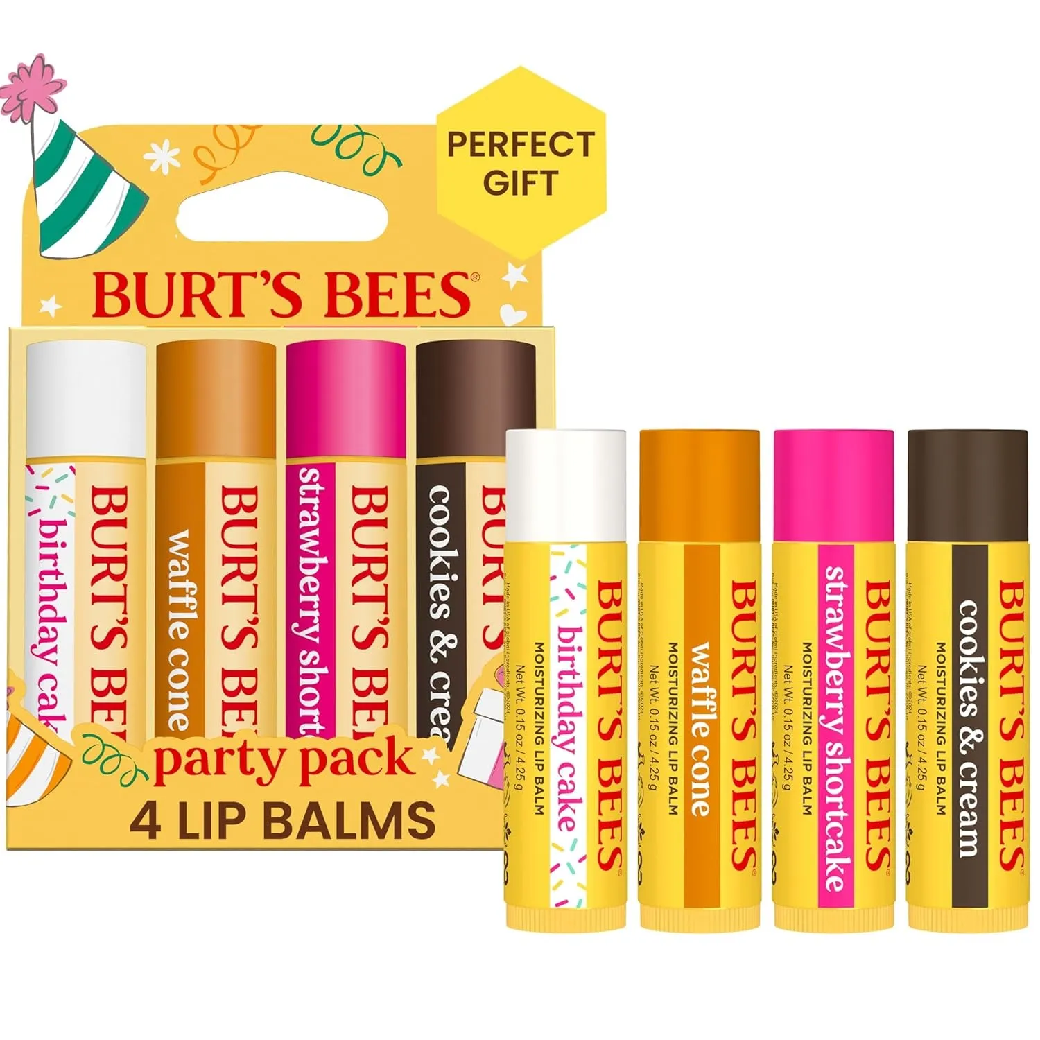 Lip Balm Valentines Day Gifts, Pink Grapefruit, Mango, Coconut and Pear, and Pomegranate Pack, Lip Moisturizer with Responsibly Sourced Beeswax, Tint-Free, Natural Conditioning Lip Treatment, 4 Tubes, 0.15 Oz.
