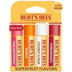 Lip Balm Valentines Day Gifts, Pink Grapefruit, Mango, Coconut and Pear, and Pomegranate Pack, Lip Moisturizer with Responsibly Sourced Beeswax, Tint-Free, Natural Conditioning Lip Treatment, 4 Tubes, 0.15 Oz.