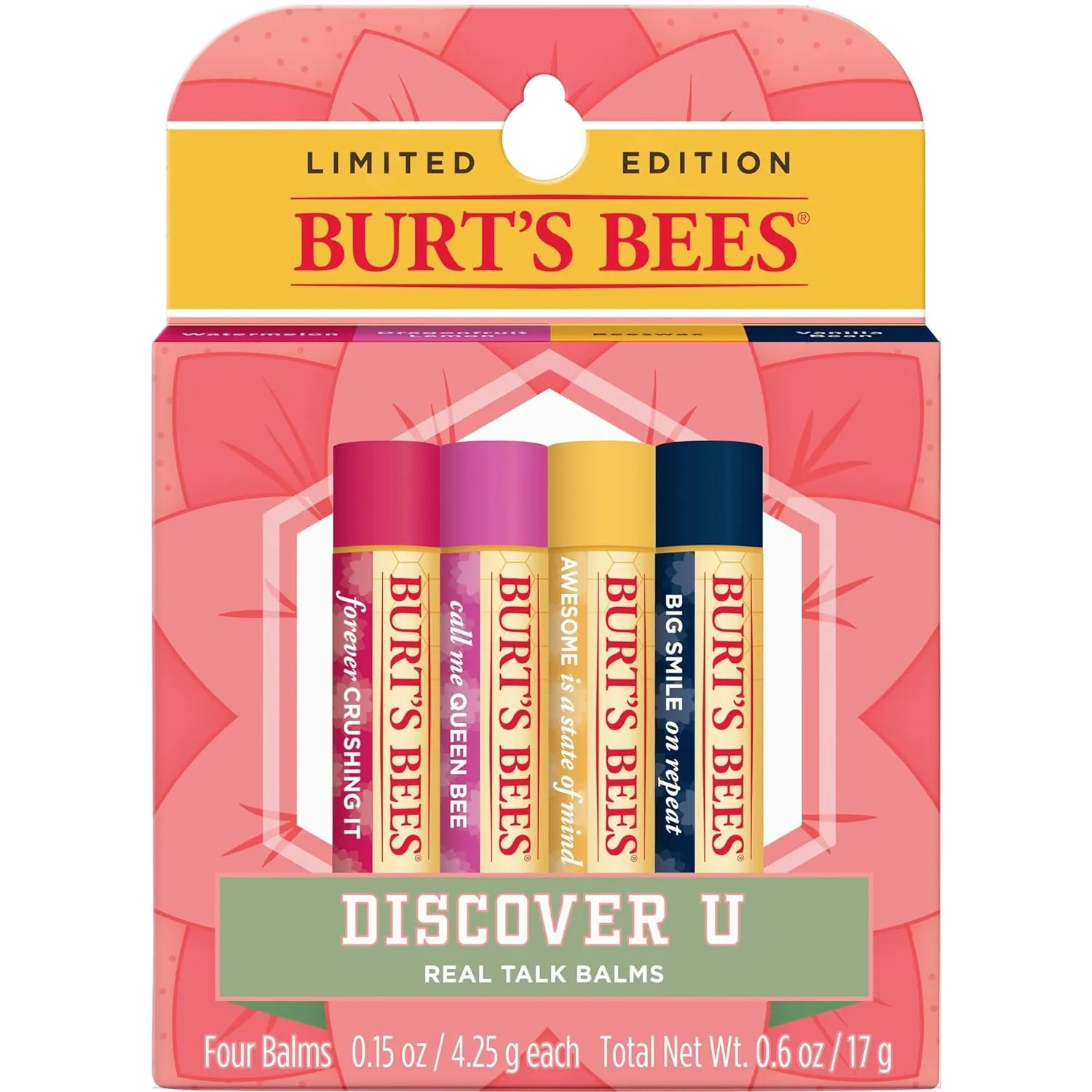 Lip Balm Valentines Day Gifts, Pink Grapefruit, Mango, Coconut and Pear, and Pomegranate Pack, Lip Moisturizer with Responsibly Sourced Beeswax, Tint-Free, Natural Conditioning Lip Treatment, 4 Tubes, 0.15 Oz.