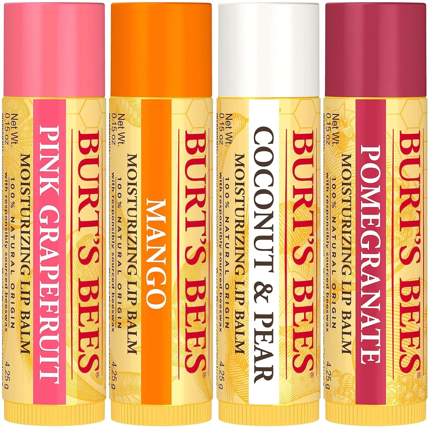 Lip Balm Valentines Day Gifts, Pink Grapefruit, Mango, Coconut and Pear, and Pomegranate Pack, Lip Moisturizer with Responsibly Sourced Beeswax, Tint-Free, Natural Conditioning Lip Treatment, 4 Tubes, 0.15 Oz.