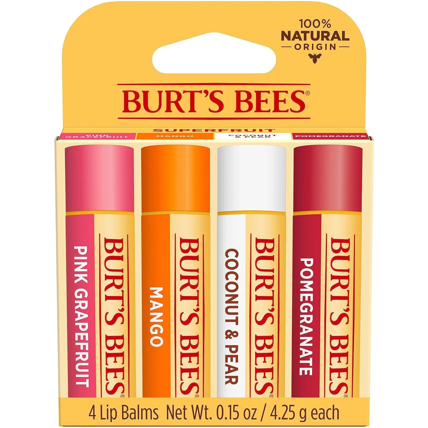 Lip Balm Valentines Day Gifts, Pink Grapefruit, Mango, Coconut and Pear, and Pomegranate Pack, Lip Moisturizer with Responsibly Sourced Beeswax, Tint-Free, Natural Conditioning Lip Treatment, 4 Tubes, 0.15 Oz.