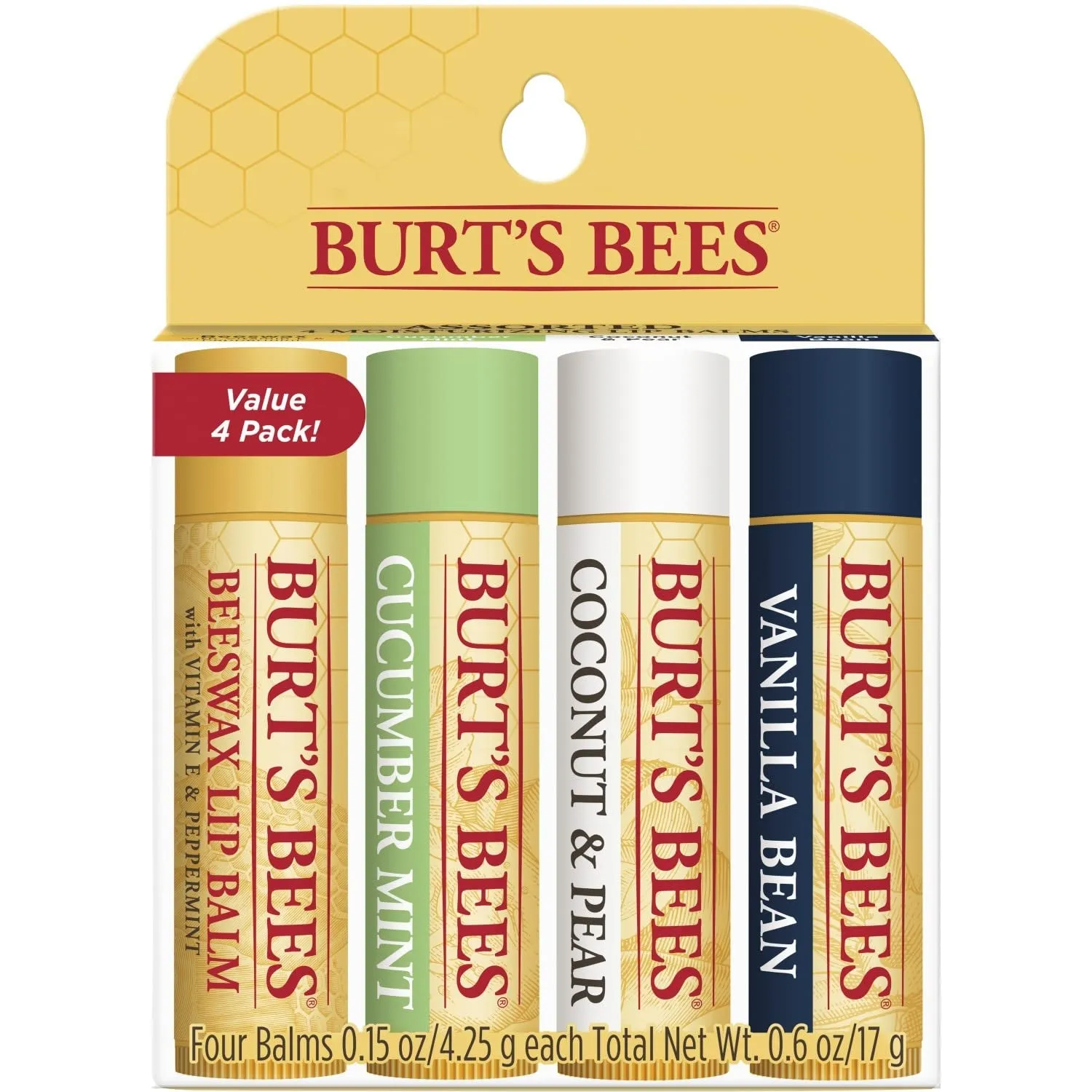 Lip Balm Valentines Day Gifts, Pink Grapefruit, Mango, Coconut and Pear, and Pomegranate Pack, Lip Moisturizer with Responsibly Sourced Beeswax, Tint-Free, Natural Conditioning Lip Treatment, 4 Tubes, 0.15 Oz.