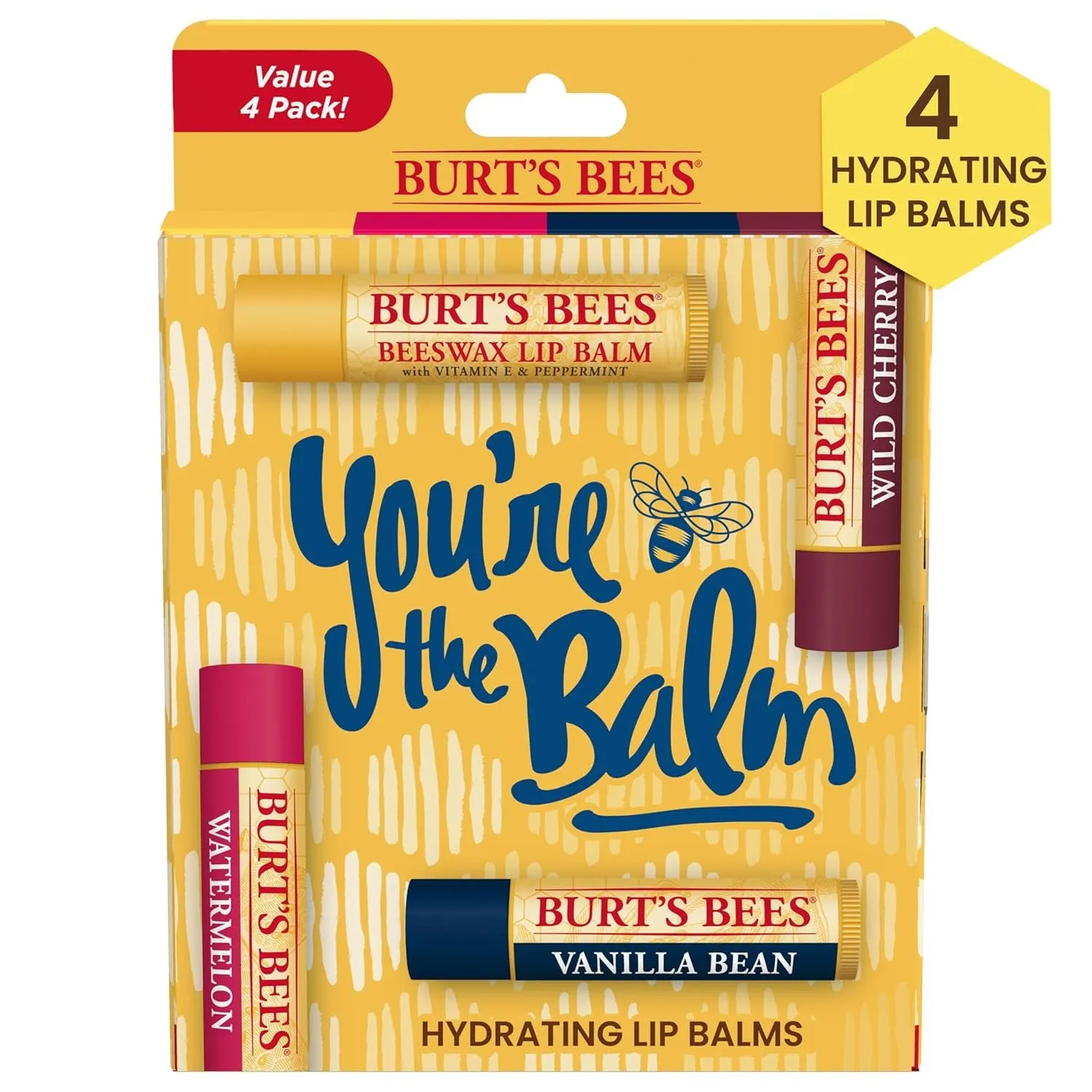 Lip Balm Valentines Day Gifts, Pink Grapefruit, Mango, Coconut and Pear, and Pomegranate Pack, Lip Moisturizer with Responsibly Sourced Beeswax, Tint-Free, Natural Conditioning Lip Treatment, 4 Tubes, 0.15 Oz.