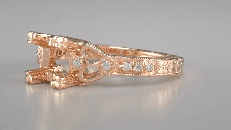 Loving Hearts Art Deco Antique Style Engagement Ring Setting for a 1 Carat Round or Princess Cut Diamond in 14 Karat Rose ( Pink ) Gold