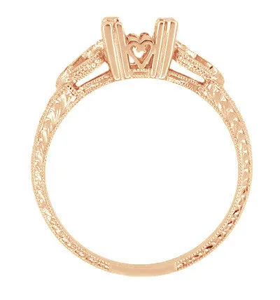 Loving Hearts Art Deco Antique Style Engagement Ring Setting for a 1 Carat Round or Princess Cut Diamond in 14 Karat Rose ( Pink ) Gold
