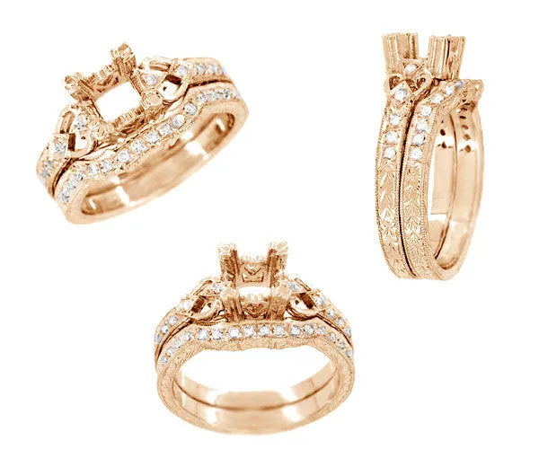 Loving Hearts Art Deco Antique Style Engagement Ring Setting for a 1 Carat Round or Princess Cut Diamond in 14 Karat Rose ( Pink ) Gold