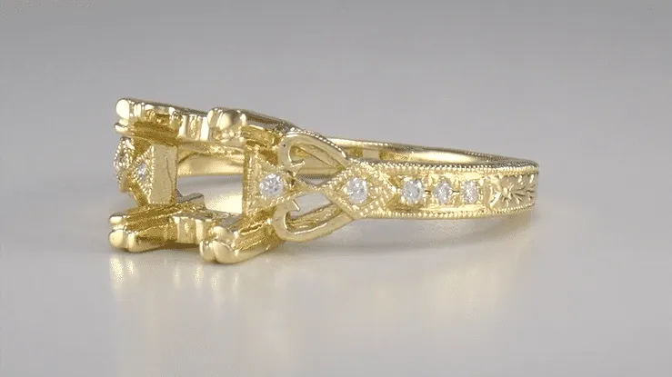 Loving Hearts Yellow Gold 3/4 Carat Round or Princess Cut Diamond Engraved Antique Style Engagement Ring Setting