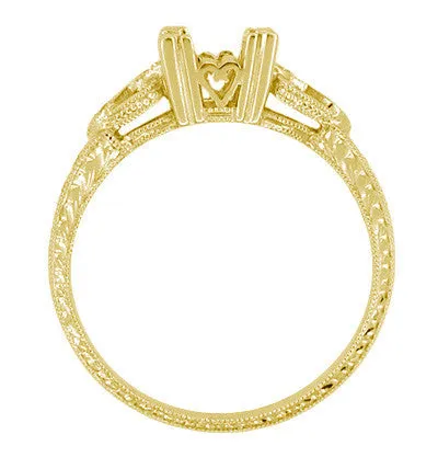 Loving Hearts Yellow Gold 3/4 Carat Round or Princess Cut Diamond Engraved Antique Style Engagement Ring Setting