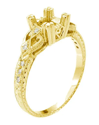 Loving Hearts Yellow Gold 3/4 Carat Round or Princess Cut Diamond Engraved Antique Style Engagement Ring Setting