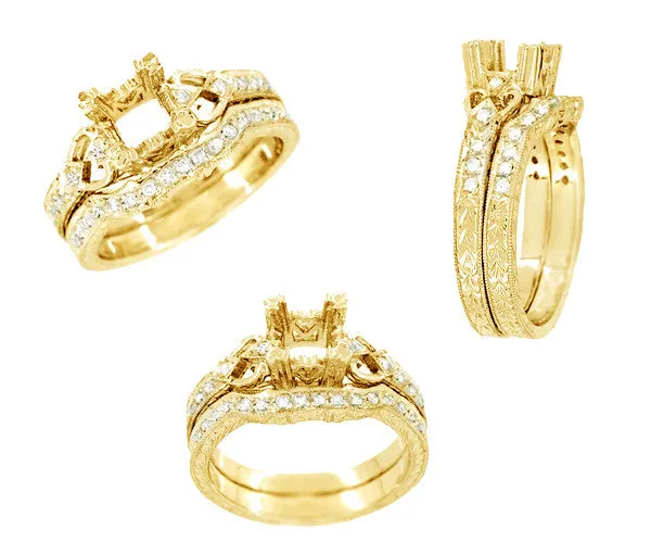 Loving Hearts Yellow Gold 3/4 Carat Round or Princess Cut Diamond Engraved Antique Style Engagement Ring Setting