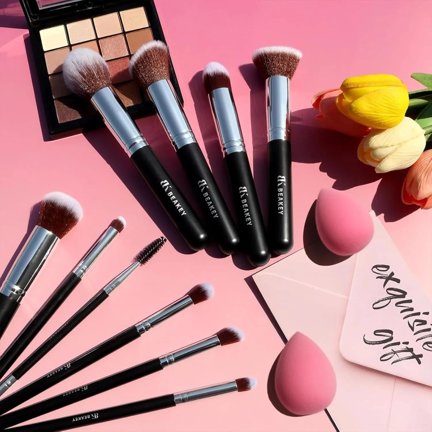 Makeup Brushes Set, Professional Foundation Eyeshadow Concealer Blush Powder Bronzer Applicator, 2 Blender Sponge with Beauty Paper Case, Valentines Day Gifts for Her