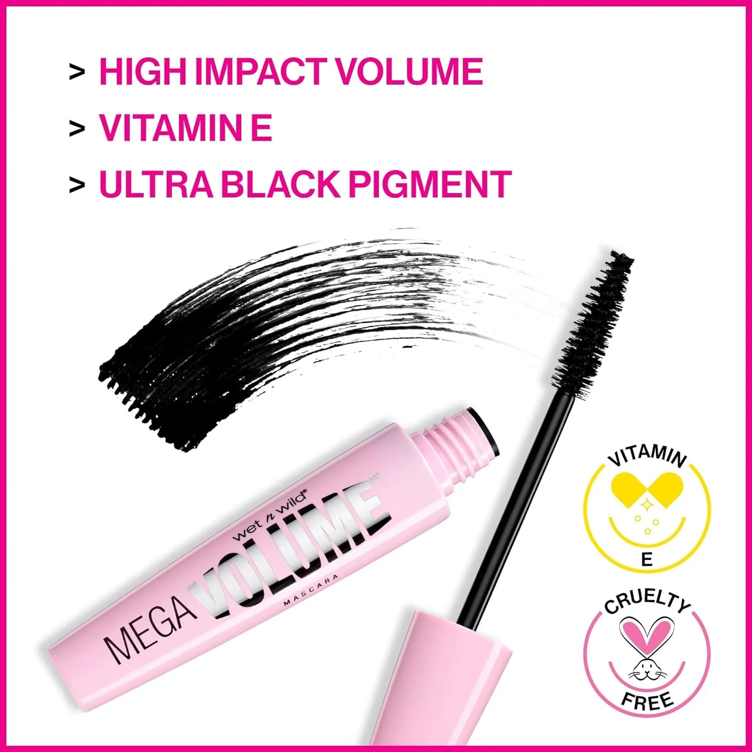 Mascara Mega Volume - Vitamin E Enriched Volumizing, Smudge-Resistant Formula, Cruelty-Free, Gluten-Free, Sulfate-Free & Vegan - Black