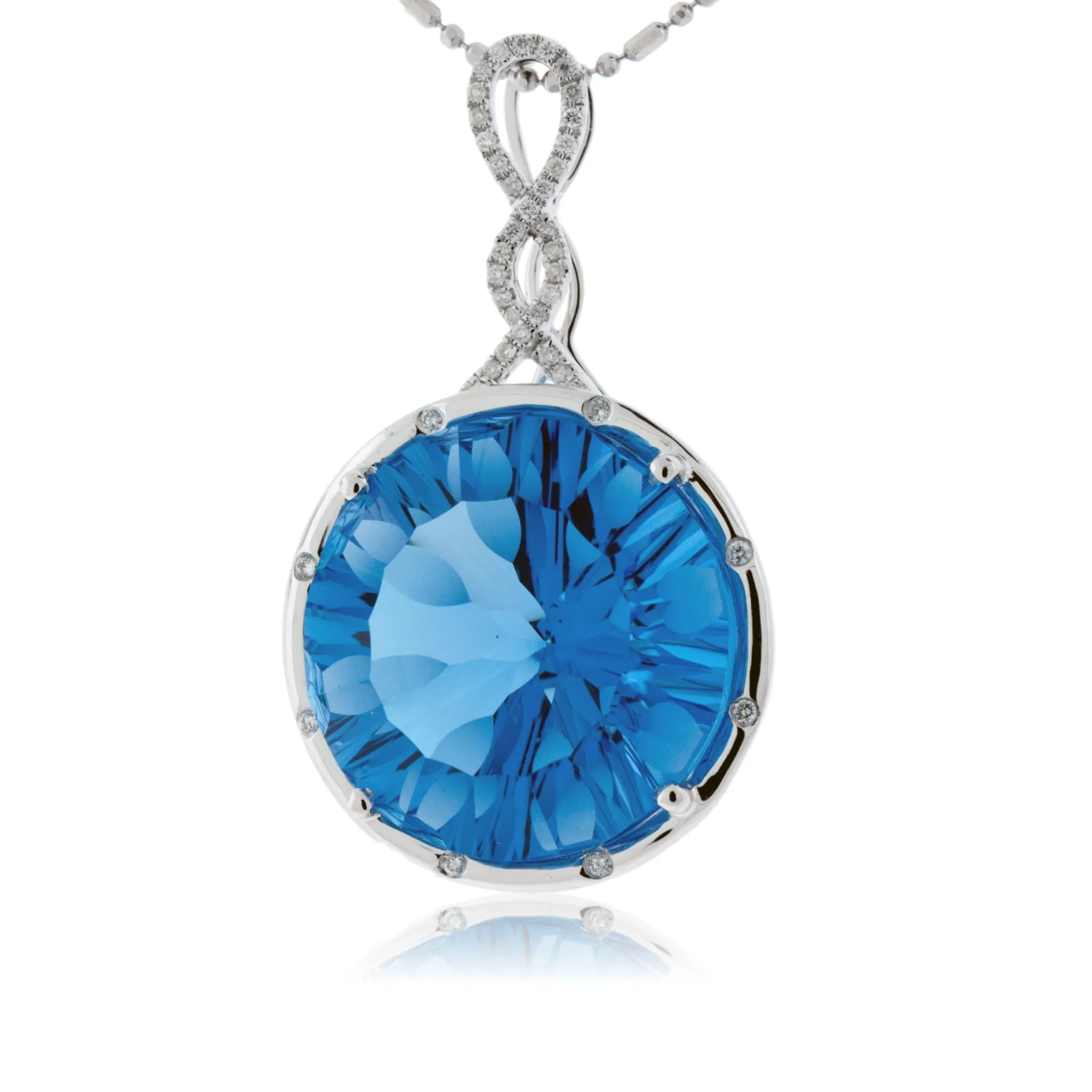 Millennial Cut Round Blue Topaz and Diamond Necklace in White Gold