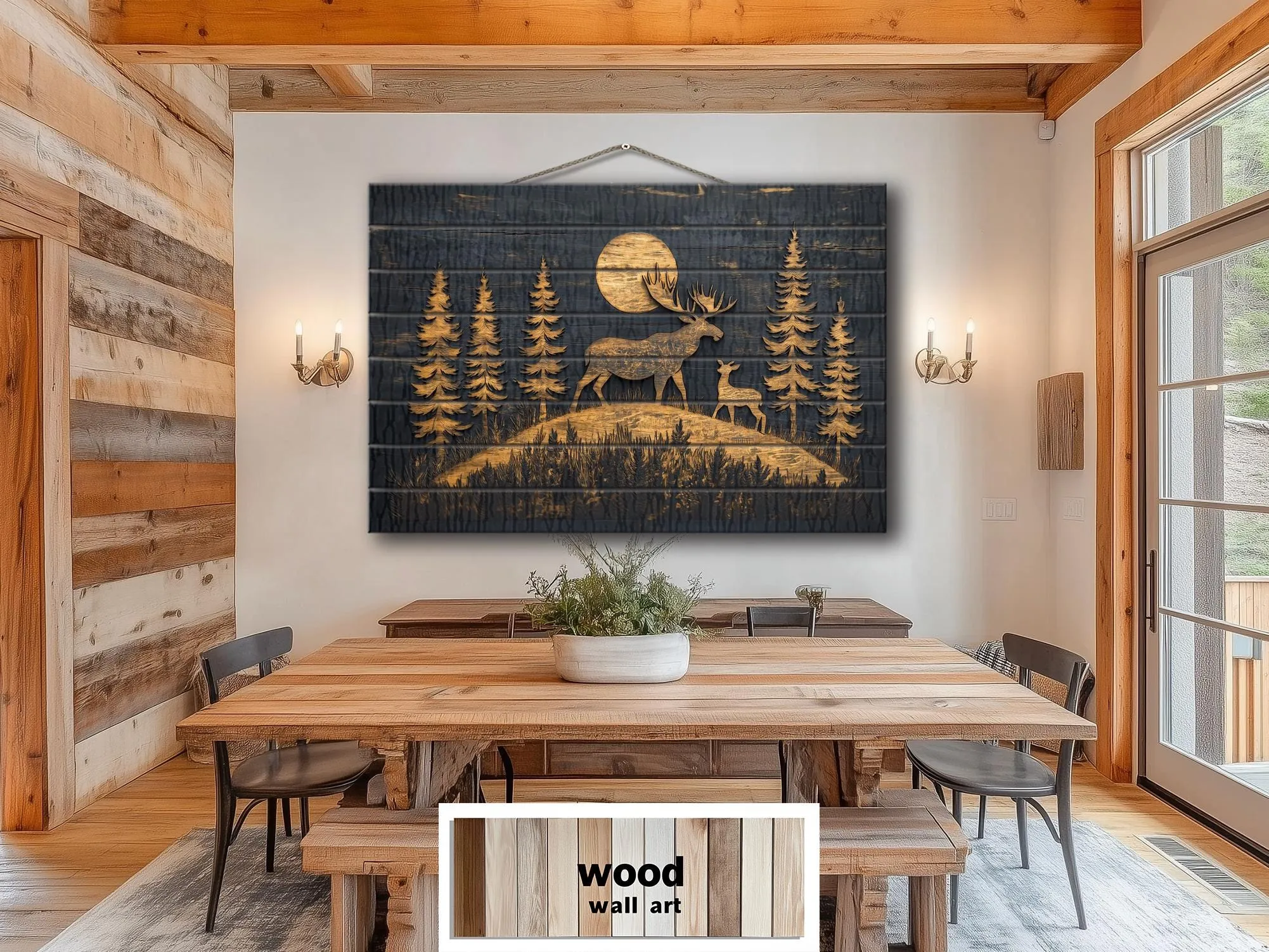 Moose and Calf Under Moonlight At Night In Pine Forest Rustic Wood Wall Art For Cabin Decor