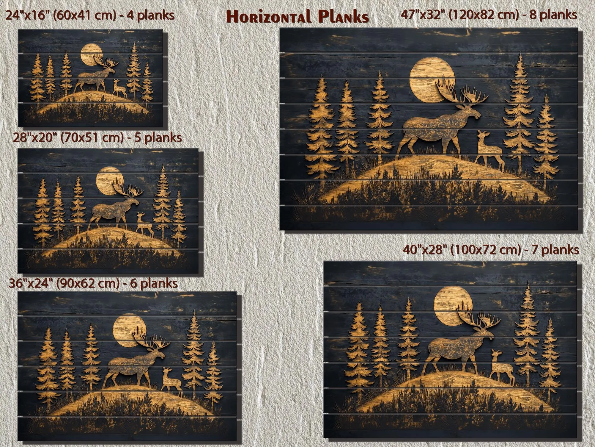 Moose and Calf Under Moonlight At Night In Pine Forest Rustic Wood Wall Art For Cabin Decor