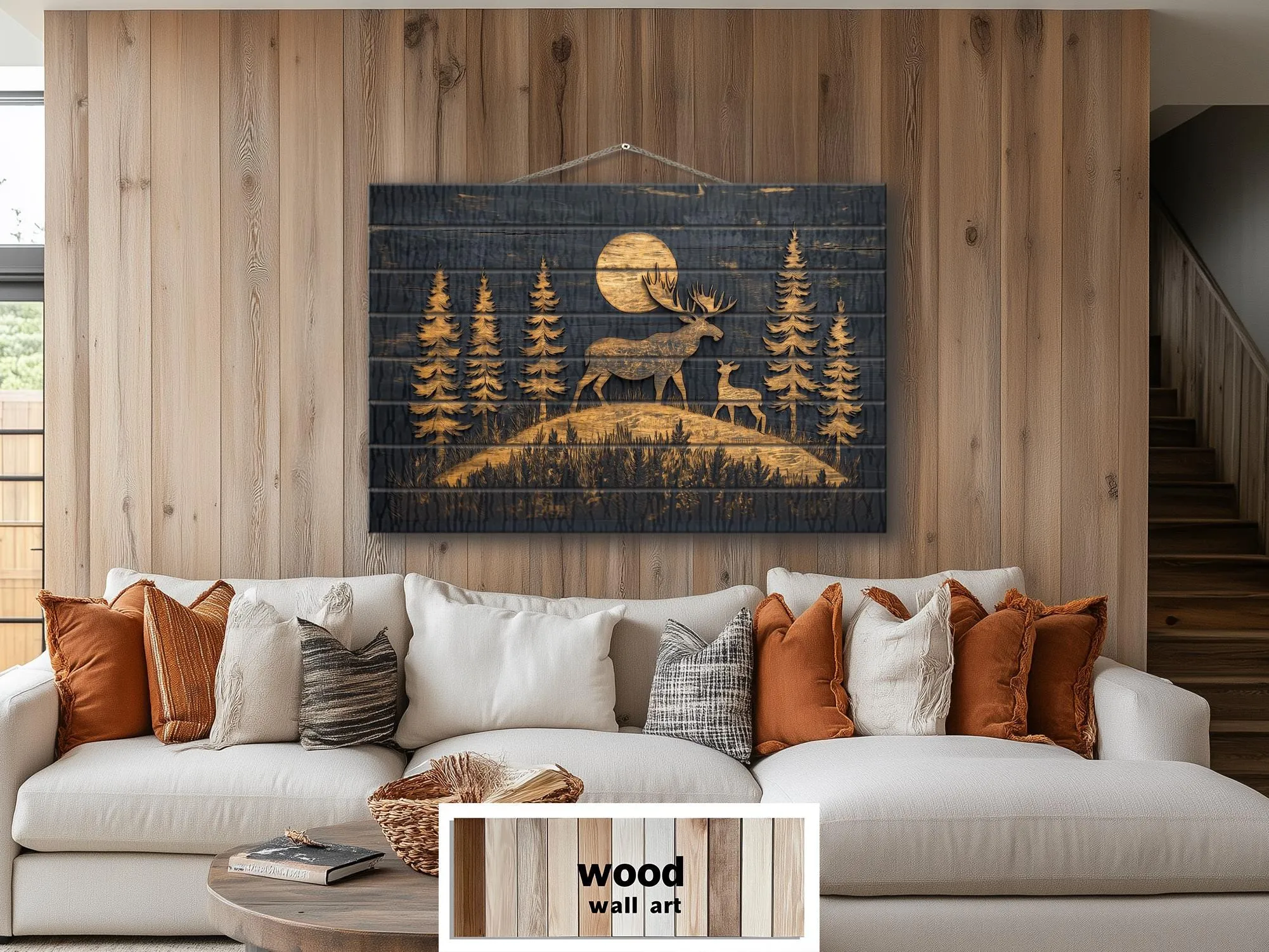 Moose and Calf Under Moonlight At Night In Pine Forest Rustic Wood Wall Art For Cabin Decor