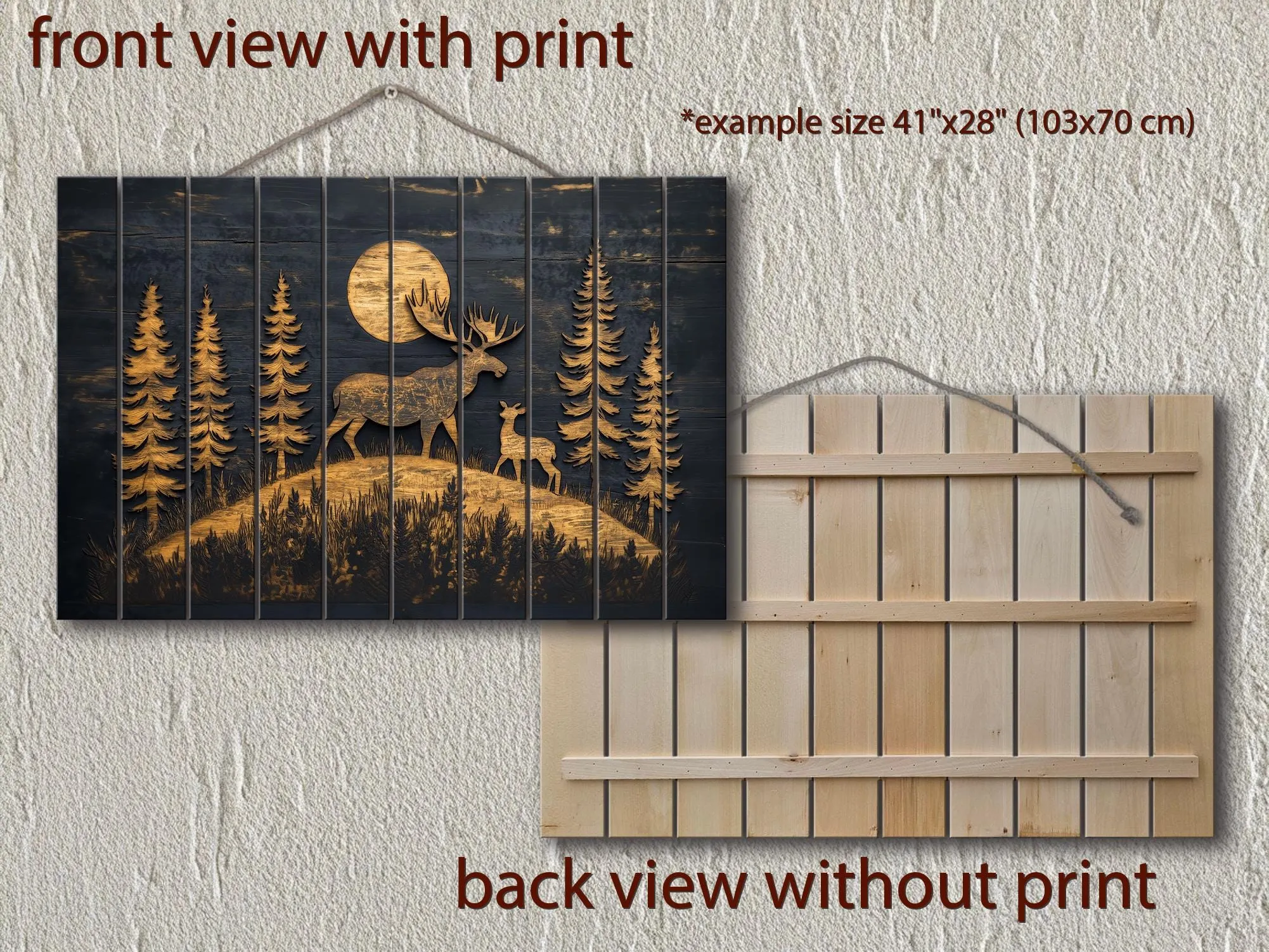 Moose and Calf Under Moonlight At Night In Pine Forest Rustic Wood Wall Art For Cabin Decor