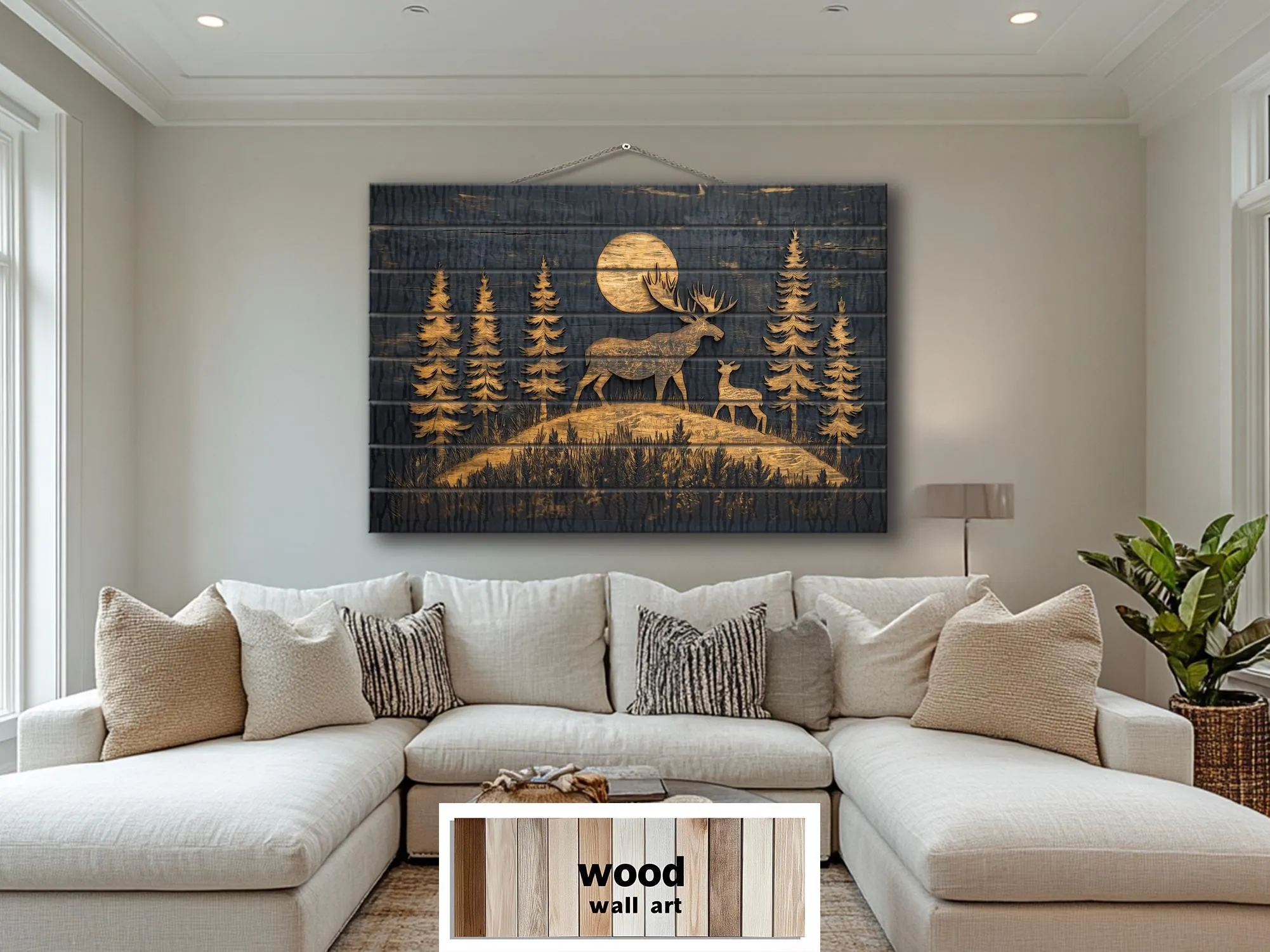 Moose and Calf Under Moonlight At Night In Pine Forest Rustic Wood Wall Art For Cabin Decor