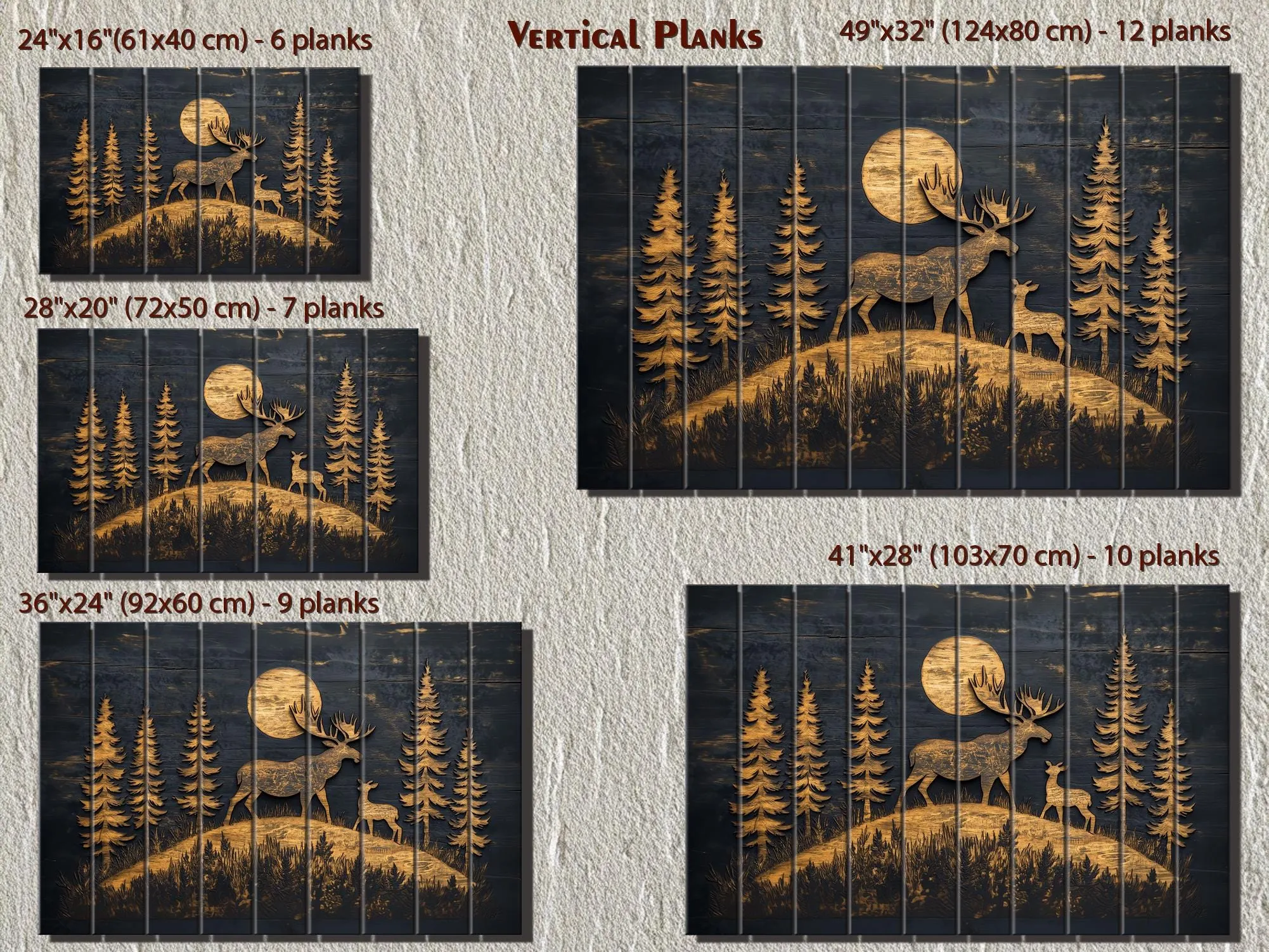 Moose and Calf Under Moonlight At Night In Pine Forest Rustic Wood Wall Art For Cabin Decor