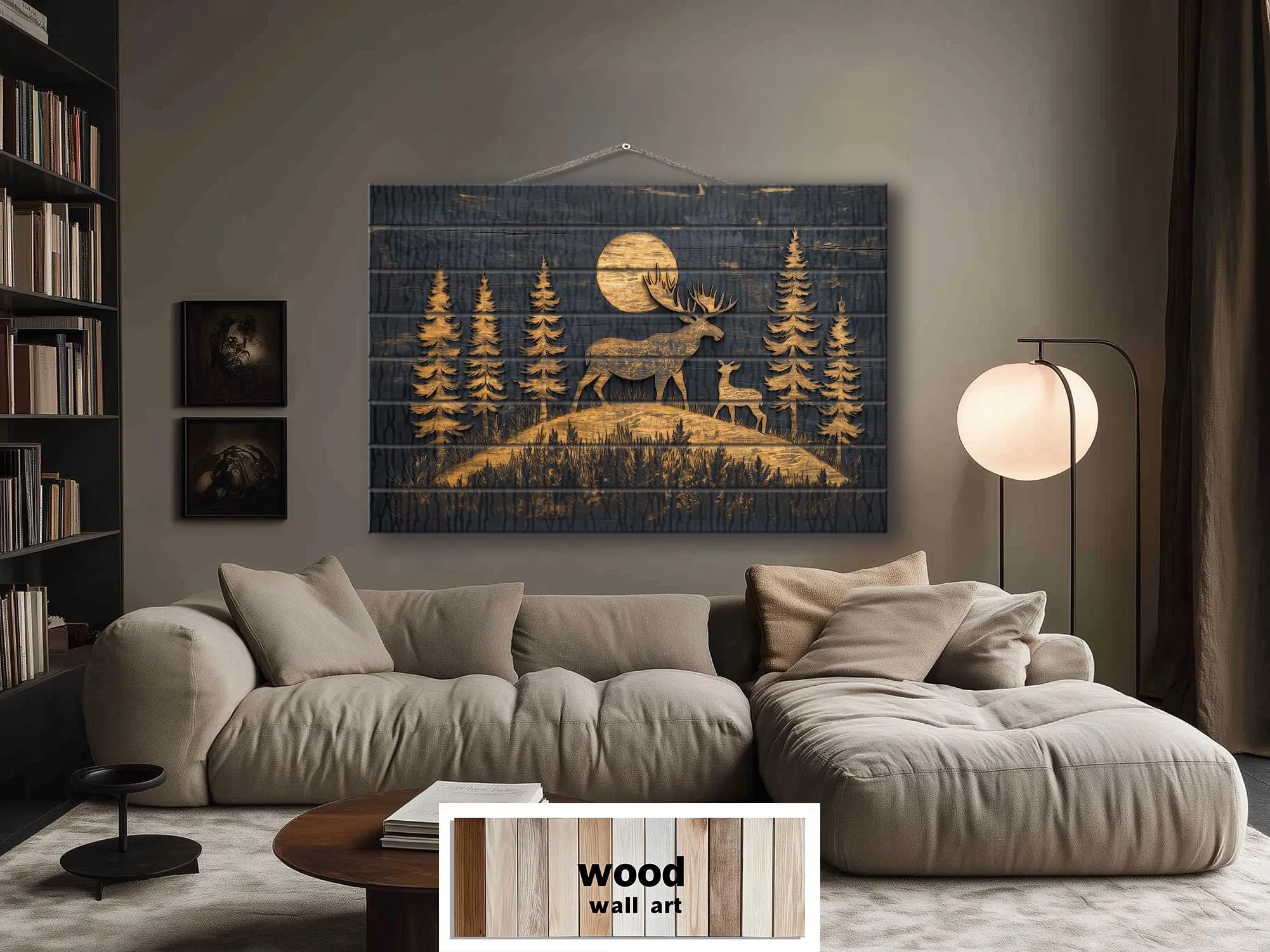 Moose and Calf Under Moonlight At Night In Pine Forest Rustic Wood Wall Art For Cabin Decor