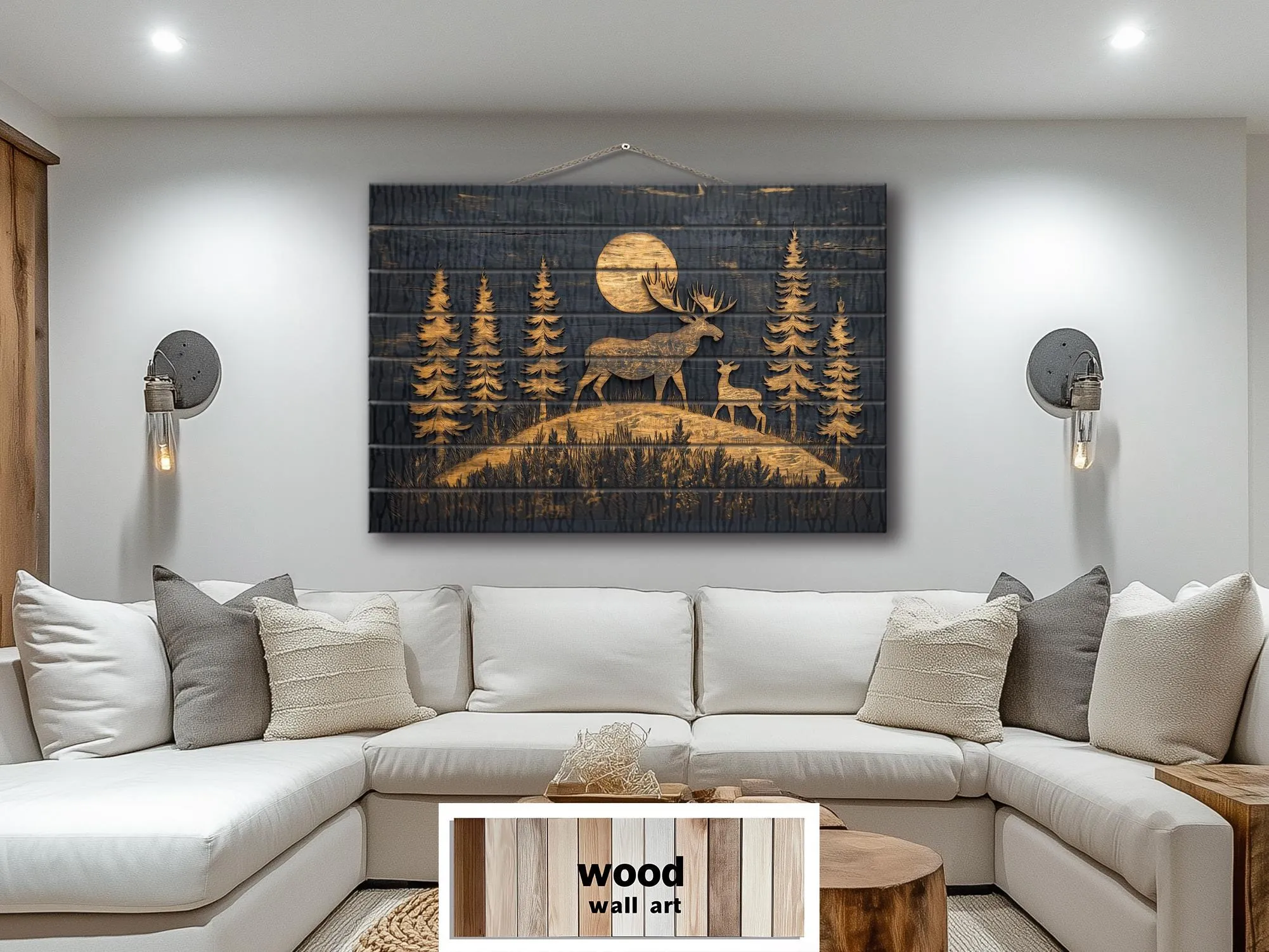 Moose and Calf Under Moonlight At Night In Pine Forest Rustic Wood Wall Art For Cabin Decor