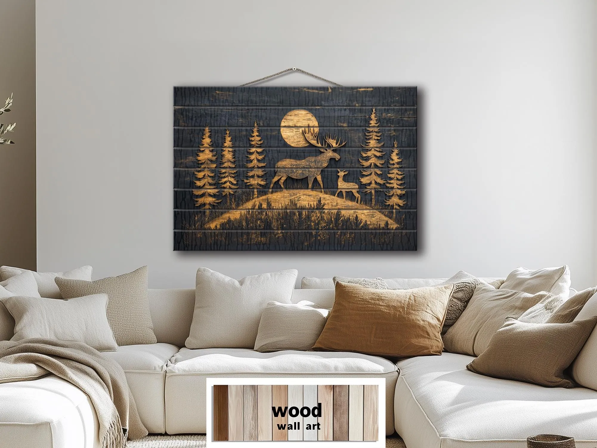 Moose and Calf Under Moonlight At Night In Pine Forest Rustic Wood Wall Art For Cabin Decor