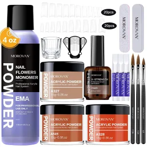 Morovan Acrylic Nail Kit - Monomer Acrylic Powder and Liquid Set for Acrylic Nail Extension 3 Colors Acrylic Nail Powder Professional with Primer Acrylic Brush Glue Nail Forms Tips for Beginners (WHITE)