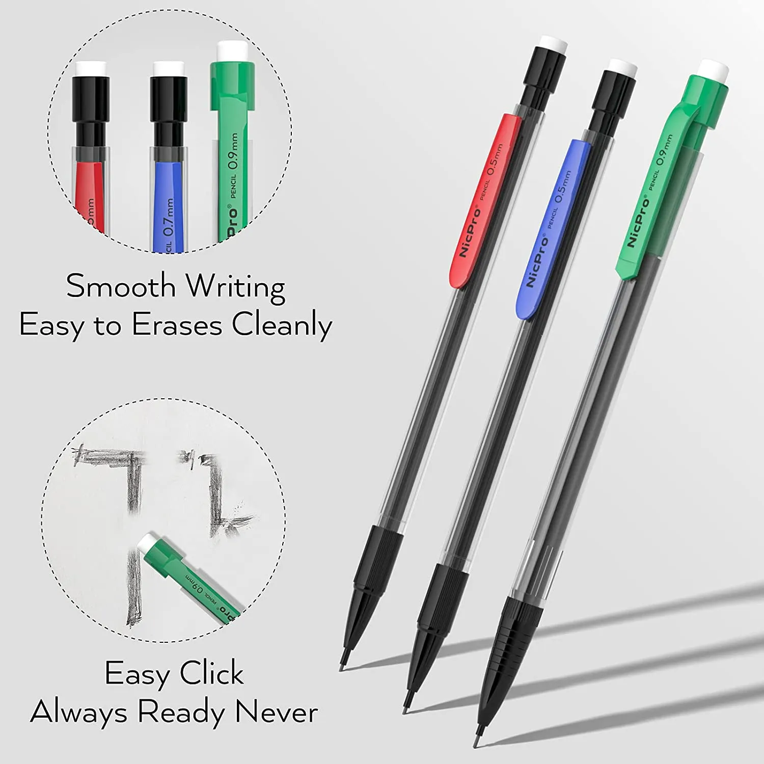 Nicpro 60 PCS Art Mechanical Pencils Set, Color Pencil Clips Drafting Pencil 0.5 mm & 0.7 mm & 0.9 mm with 6 Tube HB Lead Refills, 30 Eraser Refills for Kid Student Writing, Drawing, Sketching, School