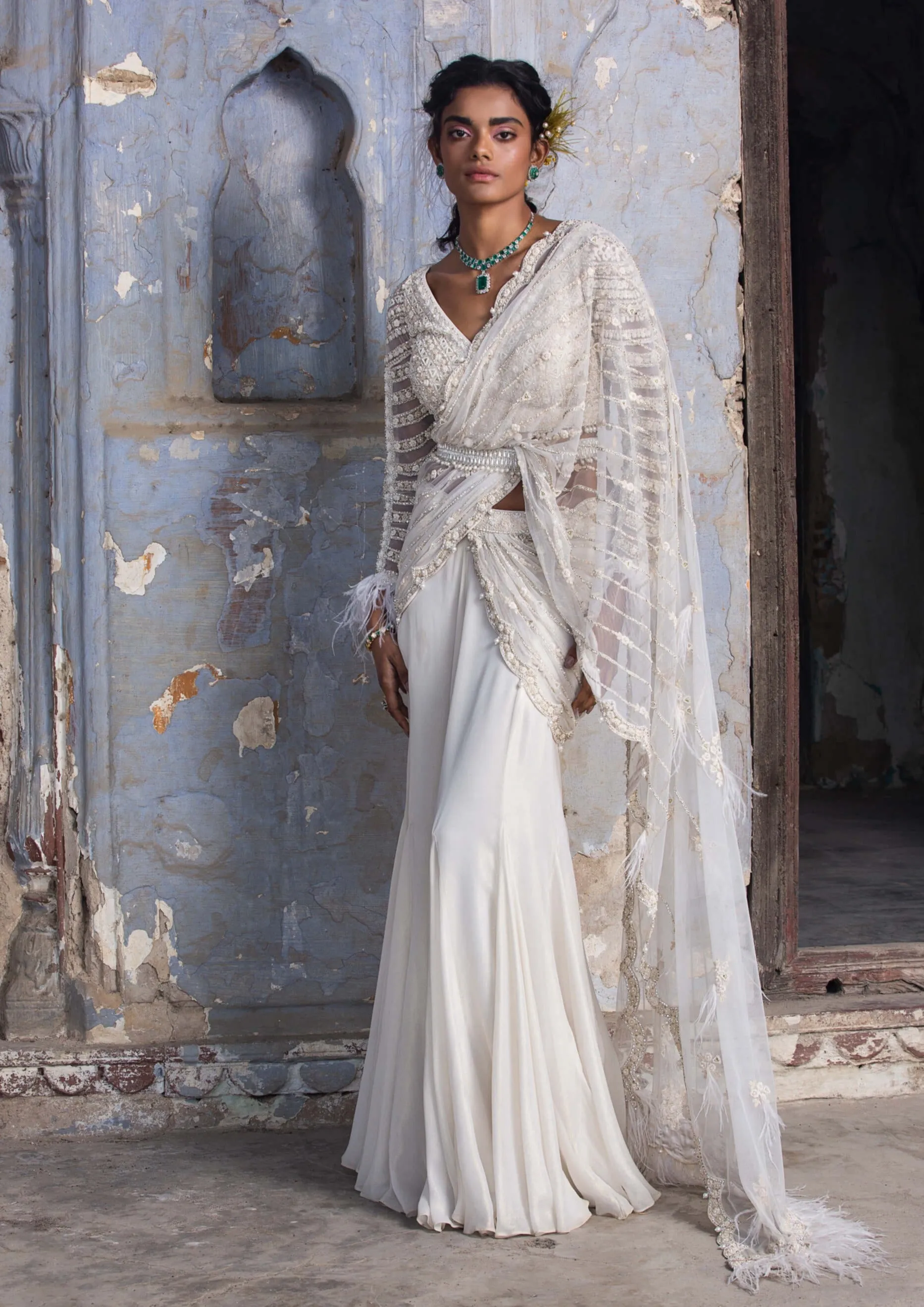 Off-white shimmer drape sari set