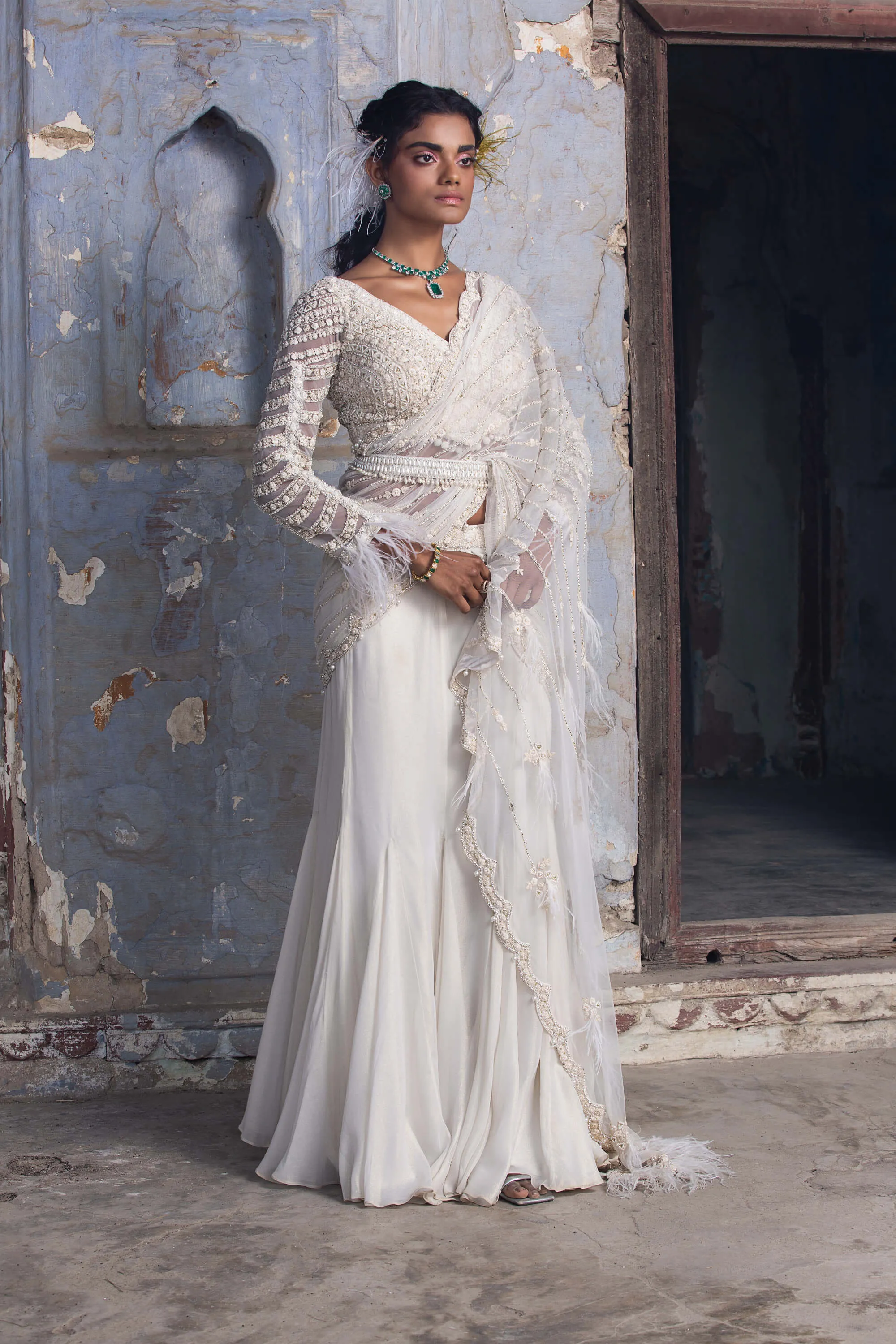Off-white shimmer drape sari set
